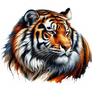 May include: A close-up portrait of a tiger's head with orange and black stripes. The tiger has a white chest and a white patch on its forehead. The tiger's eyes are closed and its mouth is slightly open. The background is white with watercolor splatters.