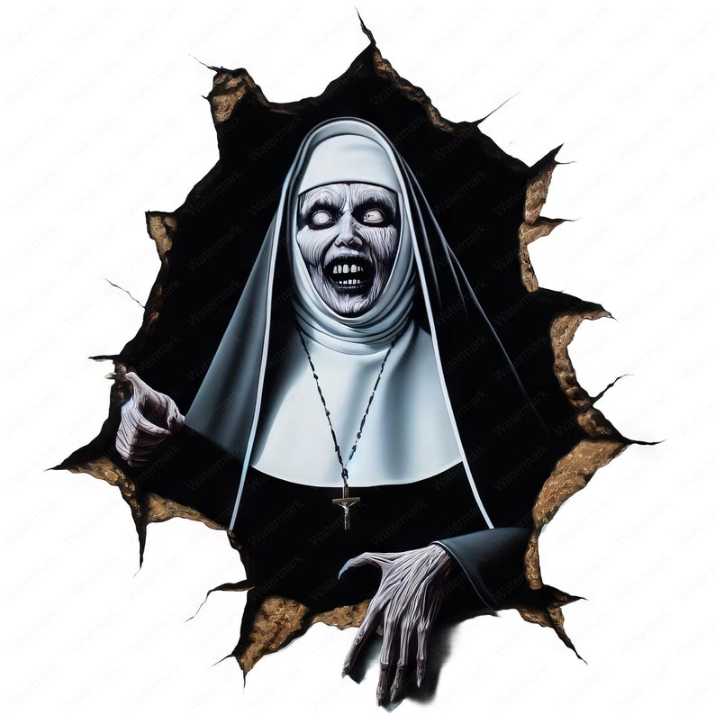 May include: A scary nun with white eyes and a wide open mouth, wearing a black habit and a white wimple, appears to be crawling out of a cracked wall.