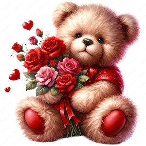 May include: A brown teddy bear holding a bouquet of red and pink roses with red ribbon. The bear is wearing a red shirt with a small red heart on the front. There are red hearts scattered around the bear.