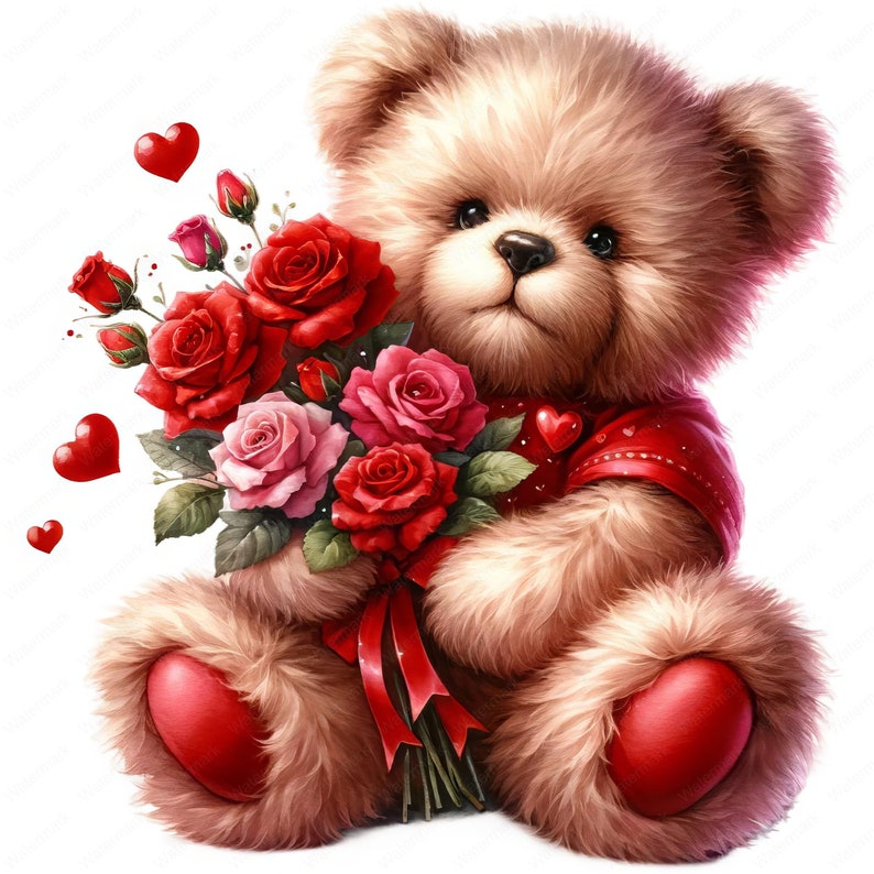 May include: A brown teddy bear holding a bouquet of red and pink roses with red ribbon. The bear is wearing a red shirt with a small red heart on the front. There are red hearts scattered around the bear.