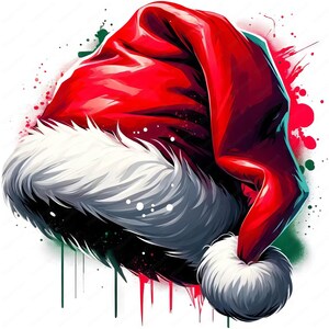 May include: A red and white Santa hat with a white fur trim. The hat is painted with colorful splatters of paint.