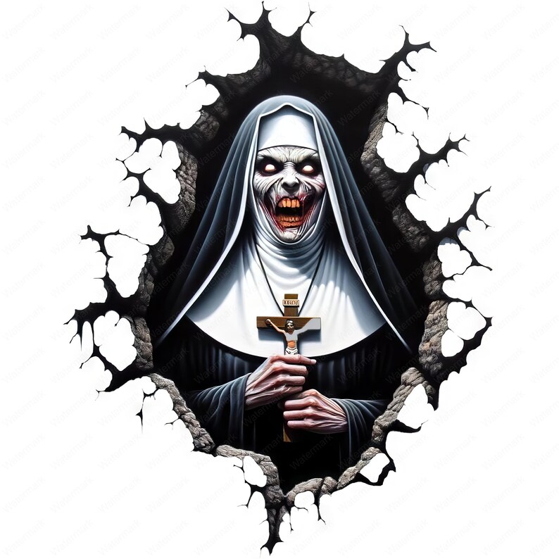 May include: A scary nun with a demonic expression, wearing a black habit and white wimple, holds a crucifix with a figure of Jesus Christ. The nun is emerging from a cracked wall, creating a 3D effect.