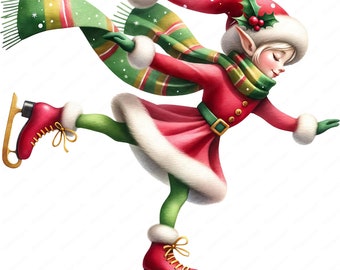 Op de afbeelding: Een kerst elfje met een rood-witte jurk, een groen-gouden sjaal en een rode muts met hulst, schaatsen op een witte achtergrond.