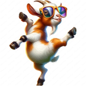 May include: A white and orange goat wearing yellow sunglasses with blue lenses, standing on one leg with its other leg raised in the air. The goat is smiling and has a playful expression.