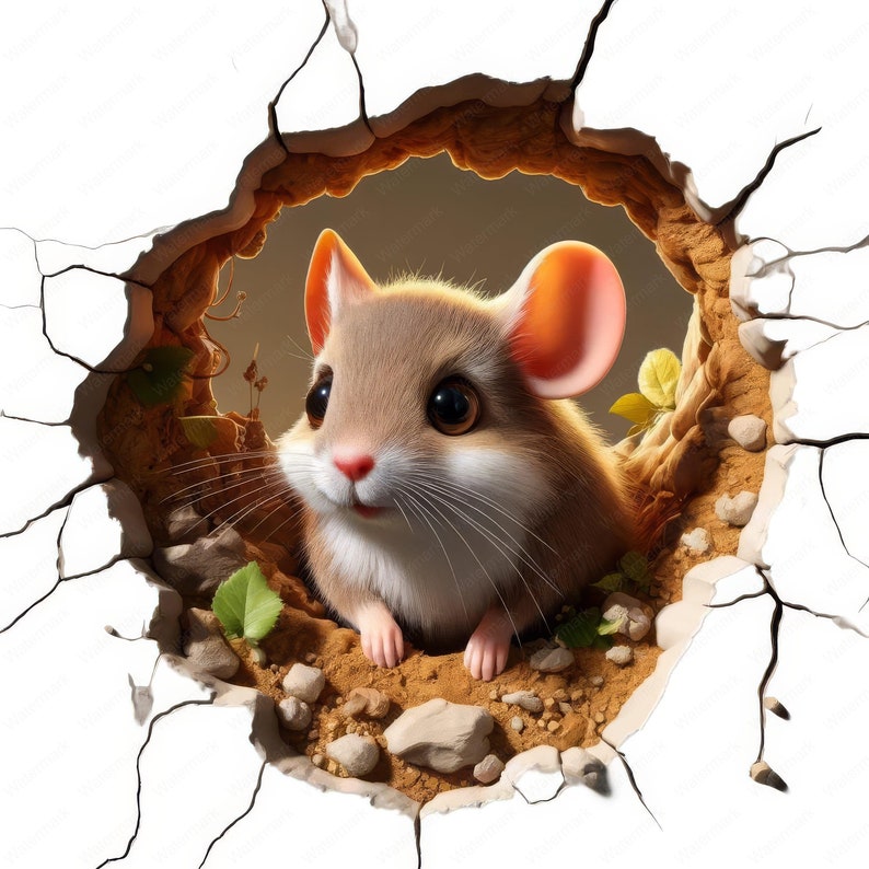 May include: A small, brown and white mouse with large ears peeks out of a hole in a white wall. The mouse has a cute, curious expression on its face.