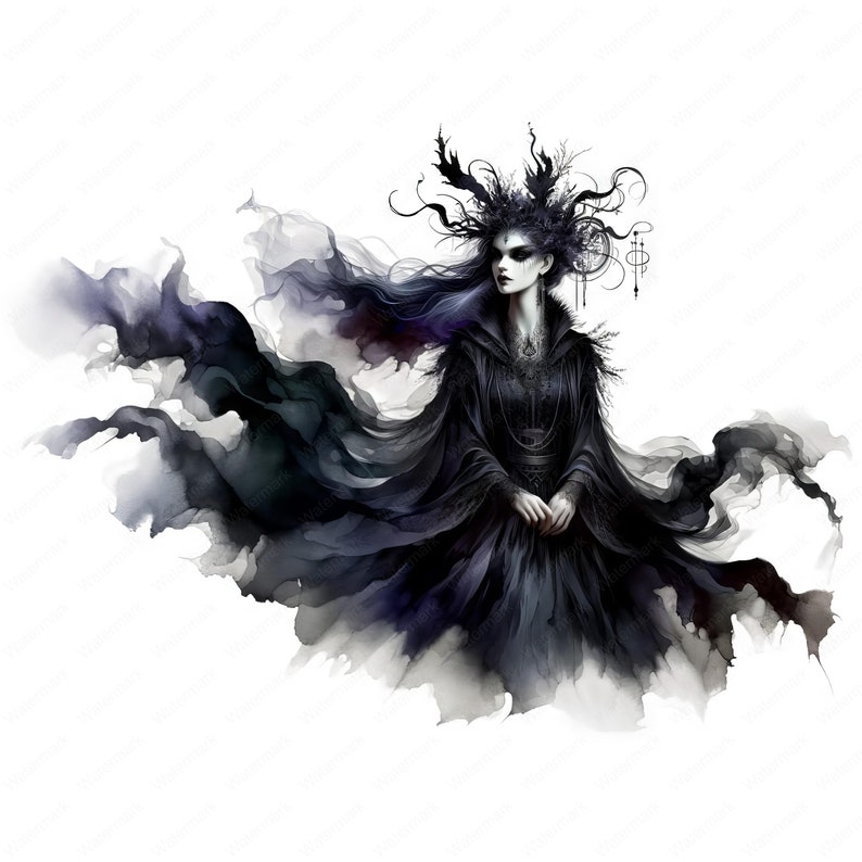 Puede incluir: Una mujer con un vestido negro, una capa oscura y fluida y una corona de cuernos. Su rostro est&aacute; pintado de blanco con ojos y labios oscuros. El fondo es una acuarela de color negro y gris.