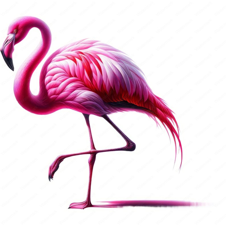 K&ouml;nnte beinhalten: Ein rosafarbener Flamingo mit langem Hals und langen Beinen steht auf einem Bein. Der Flamingo hat rosa und wei&szlig;e Federn.