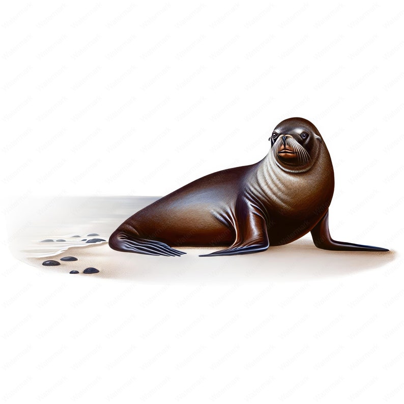May include: A brown and grey sea lion with dark eyes and a wet nose is lying on a sandy beach with a few dark rocks in the foreground.
