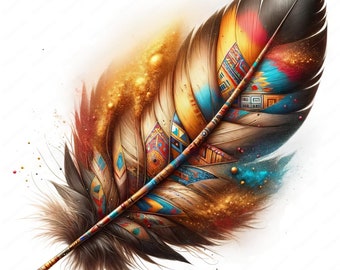May include: A colorful feather with intricate patterns and gold glitter accents. The feather is brown, blue, yellow, red, and white.