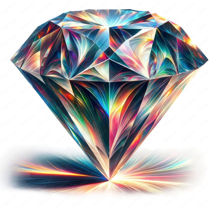 May include: A large, faceted, iridescent diamond with a rainbow of colours. The diamond is set against a white background and casts a colourful glow.