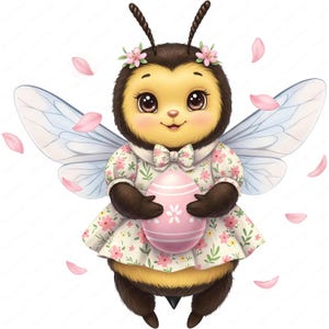 May include: A cartoon bee with wings, wearing a floral dress and a headband with flowers, holding a pink Easter egg.