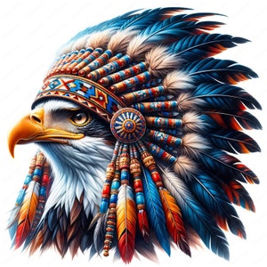 May include: A white bald eagle wearing a colorful Native American headdress with blue, red, and yellow feathers. The headdress is adorned with beads and a large, round, blue and gold centerpiece.