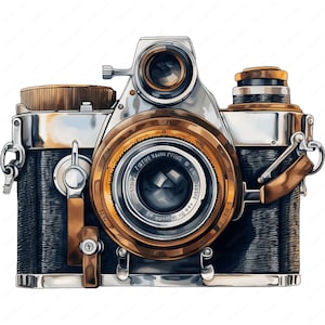 May include: A vintage silver and brown camera with a large lens and a leather strap. The lens has the text "IGOR" and "DWIG" printed on it.
