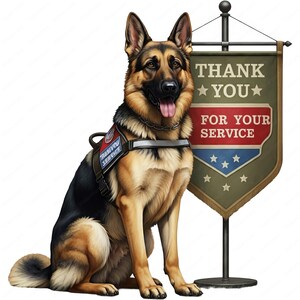 K&ouml;nnte beinhalten: Ein Deutscher Sch&auml;ferhund tr&auml;gt eine Diensthundeweste mit dem Text "Thank You Service" und sitzt vor einem Schild mit der Aufschrift "Thank You For Your Service" mit f&uuml;nf Sternen auf gr&uuml;nem Hintergrund.