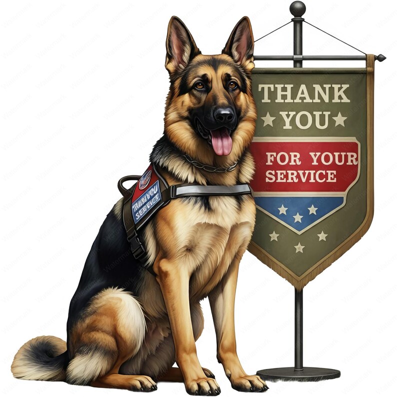 K&ouml;nnte beinhalten: Ein Deutscher Sch&auml;ferhund tr&auml;gt eine Diensthundeweste mit dem Text "Thank You Service" und sitzt vor einem Schild mit der Aufschrift "Thank You For Your Service" mit f&uuml;nf Sternen auf gr&uuml;nem Hintergrund.