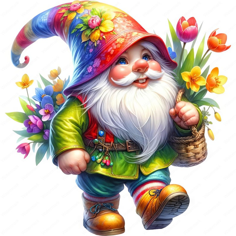 May include: A cheerful gnome with a rainbow hat and a green jacket carries a basket of colorful flowers. He is wearing brown boots and has a white beard.
