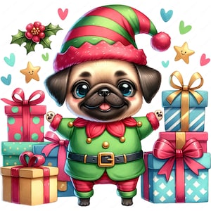 Kersthond Clipart | Feestelijke honden clipartbundel 05 | 10 hoogwaardige ontwerpen | Vakantiekunst | Afdrukbare items | Commercieel gebruik
