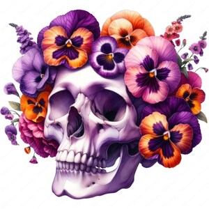 Puede incluir: Un cr&aacute;neo humano blanco con una corona de pensamientos morados, rosas, naranjas y amarillos. El cr&aacute;neo est&aacute; pintado en un estilo realista y las flores est&aacute;n pintadas en un estilo acuarela.