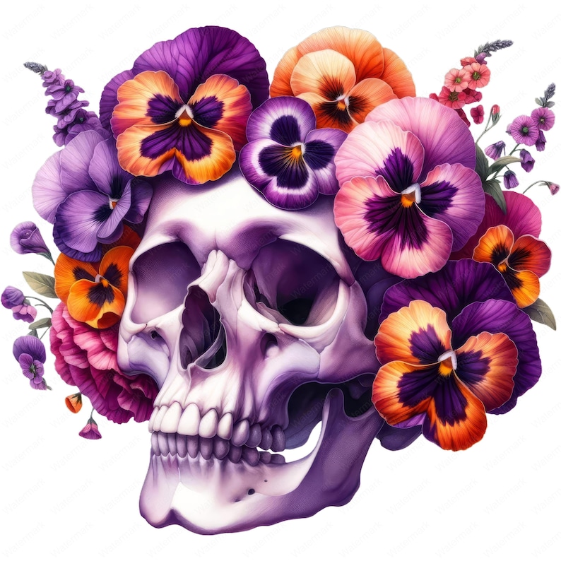 Puede incluir: Un cr&aacute;neo humano blanco con una corona de pensamientos morados, rosas, naranjas y amarillos. El cr&aacute;neo est&aacute; pintado en un estilo realista y las flores est&aacute;n pintadas en un estilo acuarela.