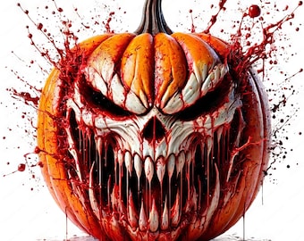 May include: A carved pumpkin with a scary face, dripping with blood. The pumpkin is surrounded by splatters of blood.