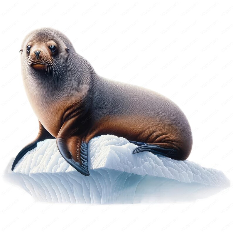 May include: A brown and grey seal with a white chest sits on a piece of ice. The seal has a long snout and whiskers.