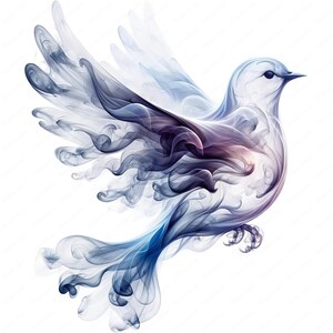 May include: A stylized blue and purple bird with smoke-like wings, rendered in a watercolor style against a white background.