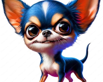 May include: A cartoon-style Chihuahua dog with large, expressive eyes and a slight smile. The dog has a blue and white coat with orange ears and paws. The image is a digital illustration with a white background.