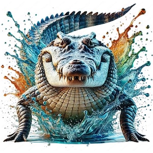 May include: A large alligator with a toothy grin emerges from a splash of turquoise and orange water. The alligator's scales are detailed and textured, and its eyes are wide open.