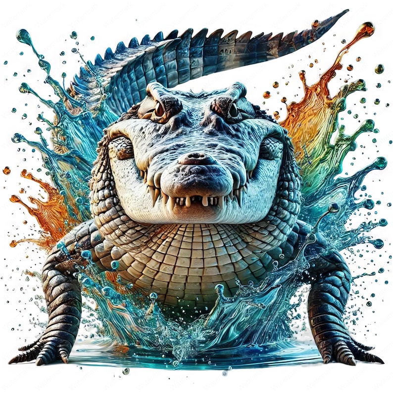May include: A large alligator with a toothy grin emerges from a splash of turquoise and orange water. The alligator's scales are detailed and textured, and its eyes are wide open.