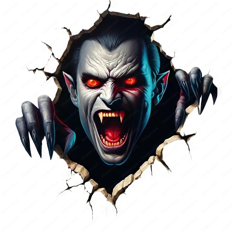 Puede incluir: Una ilustraci&oacute;n aterradora y detallada de un vampiro con ojos rojos brillantes, colmillos y garras afiladas que irrumpen en una pared agrietada.