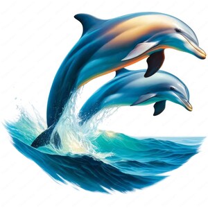 Puede incluir: Dos delfines saltan fuera del agua, creando una lluvia de gotas de agua. Los delfines son azules y grises con la parte inferior blanca. El agua es de un azul vibrante.