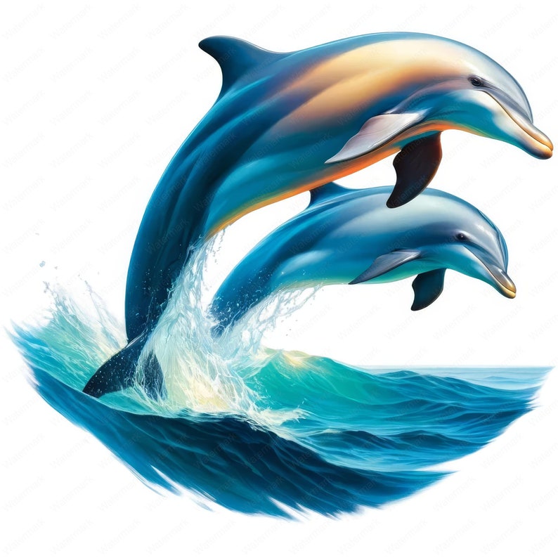 Puede incluir: Dos delfines saltan fuera del agua, creando una lluvia de gotas de agua. Los delfines son azules y grises con la parte inferior blanca. El agua es de un azul vibrante.