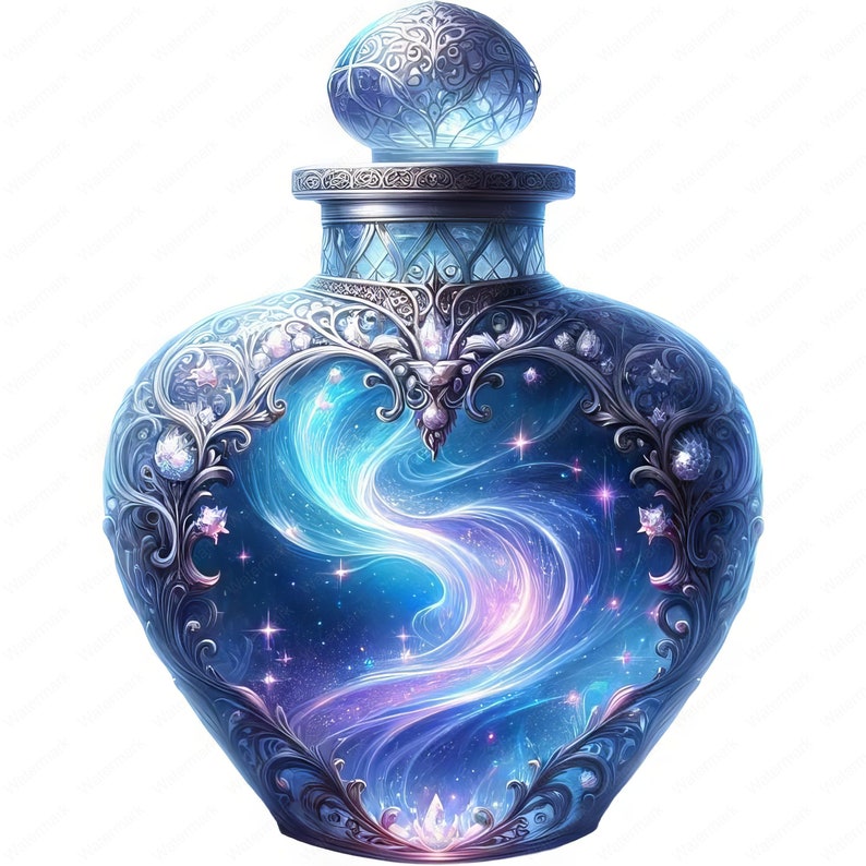 May include: A silver ornate bottle with a heart-shaped glass container filled with a swirling blue and purple nebula-like substance.
