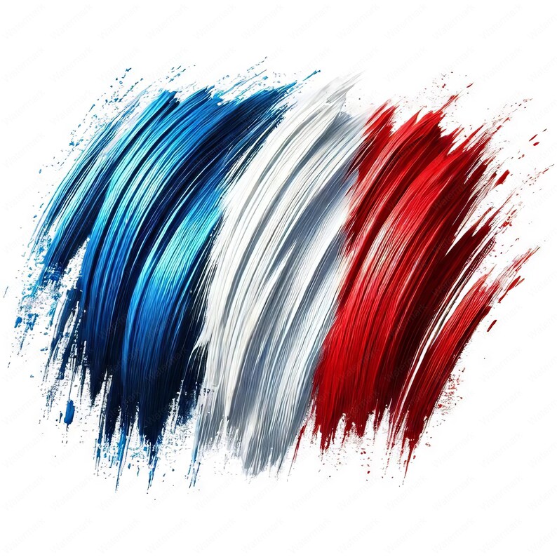 May include: Abstract artwork depicting the French flag. The design features bold brushstrokes in blue, white, and red, creating a dynamic and artistic representation of the national colors. The image is set against a clean white background.