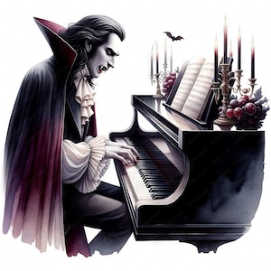 K&ouml;nnte beinhalten: Ein Vampir in einem schwarzen Umhang und einem wei&szlig;en Hemd spielt ein schwarzes Konzertfl&uuml;gel mit einem Notenblatt auf dem Pult. Auf dem Klavier stehen Kerzen und Trauben.