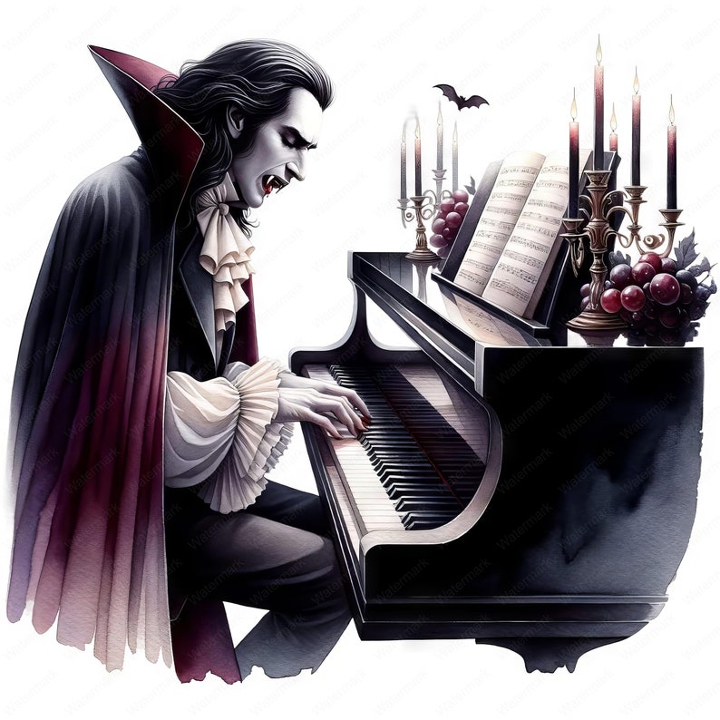 K&ouml;nnte beinhalten: Ein Vampir in einem schwarzen Umhang und einem wei&szlig;en Hemd spielt ein schwarzes Konzertfl&uuml;gel mit einem Notenblatt auf dem Pult. Auf dem Klavier stehen Kerzen und Trauben.