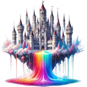Puede incluir: Un castillo blanco con muchas torres se asienta sobre una isla de nubes con una cascada de arcoíris que cae hacia abajo. El castillo tiene un techo puntiagudo y muchas ventanas. La cascada es un arcoíris vibrante de colores.
