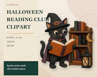 Halloween Reading Club Clipart Bundle, 15 Papercut Spooky Book Character PNGs for Teachers
