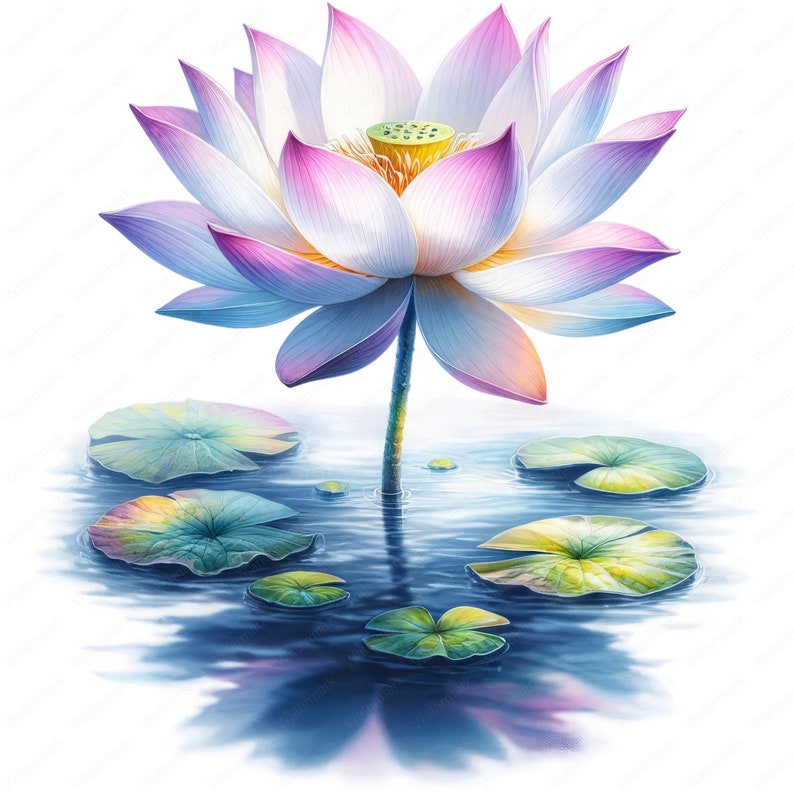 May include: A pink and white lotus flower with a yellow center blooms in a pond with green lily pads. The water is a dark blue color and reflects the flower and lily pads.