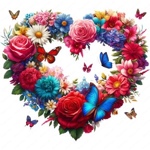 May include: A heart-shaped floral arrangement composed of vibrant red, pink, blue, and yellow flowers. Several butterflies with orange, red, and blue wings are scattered around the flowers, creating a colorful and romantic design.