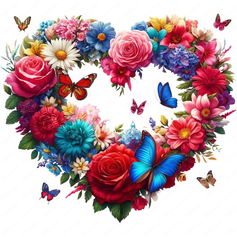 May include: A heart-shaped floral arrangement composed of vibrant red, pink, blue, and yellow flowers. Several butterflies with orange, red, and blue wings are scattered around the flowers, creating a colorful and romantic design.