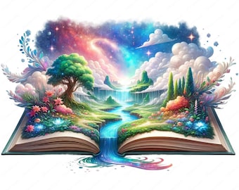 May include: An open book with a colourful fantasy landscape inside. The book is open to reveal a lush green valley with a waterfall flowing into a river. The sky above is filled with stars and clouds.