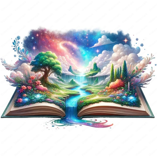 Magische open boek clipart | Fantasie landschap boek clipart bundel | 10 hoogwaardige ontwerpen | Grillige kunst | Afdrukbare exemplaren | Commercieel gebruik