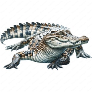 May include: A detailed illustration of a crocodile with a light brown, gray, and black patterned skin. The crocodile has its mouth slightly open, revealing sharp teeth.
