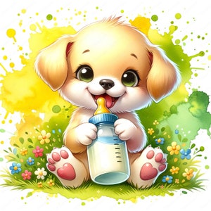 Baby Puppy with Baby Bottle Clipart 10 High-Quality Images Nursery Decor Cute Dog Illustrations Digital Prints Commercial Use zdjęcie 9