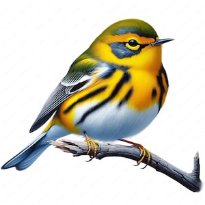 May include: A yellow, blue and green bird with black stripes perched on a branch. The bird has a small, pointed beak and a round body.
