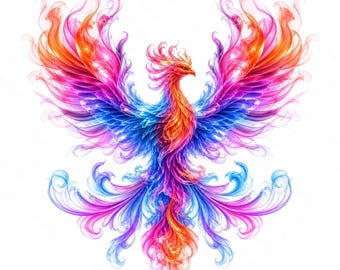 Rainbow Phoenix Clipart Bundle, Colorful Firebird PNG JPG, Fantasy Bird Digital Art, Commercial Use