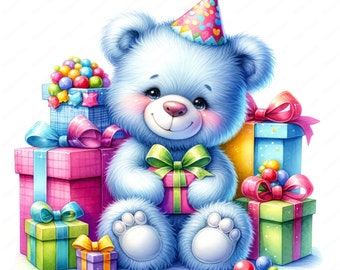 Clipart de cumpleaños de oso de peluche / Paquete de imágenes prediseñadas / 10 imágenes adorables / Arte de cumpleaños / Artesanías / Ropa / Impresiones digitales / Uso comercial