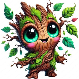 Peut inclure: Une illustration de dessin animé d'une créature d'arbre souriante avec de grands yeux verts et de l'écorce brune. L'arbre a des feuilles vertes et de la mousse qui pousse sur ses branches.