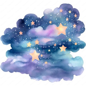 May include: Watercolor illustration of a night sky with dark blue and purple clouds. Several glowing yellow stars of varying sizes are scattered throughout the scene, some with trailing lines, creating a dreamy, celestial theme.